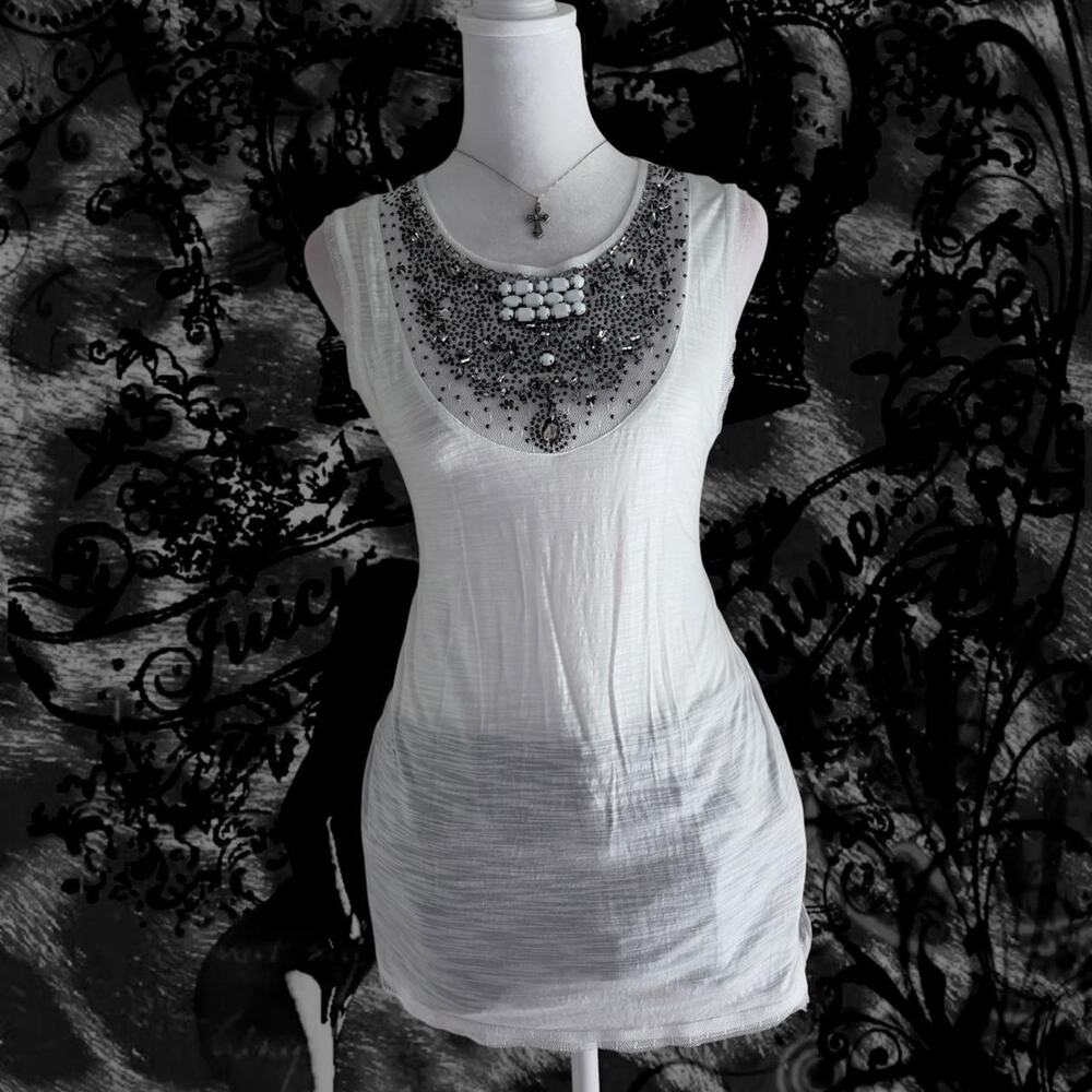 BCBG sheer white beaded and rhinestone embellished neck sleeveless glam top